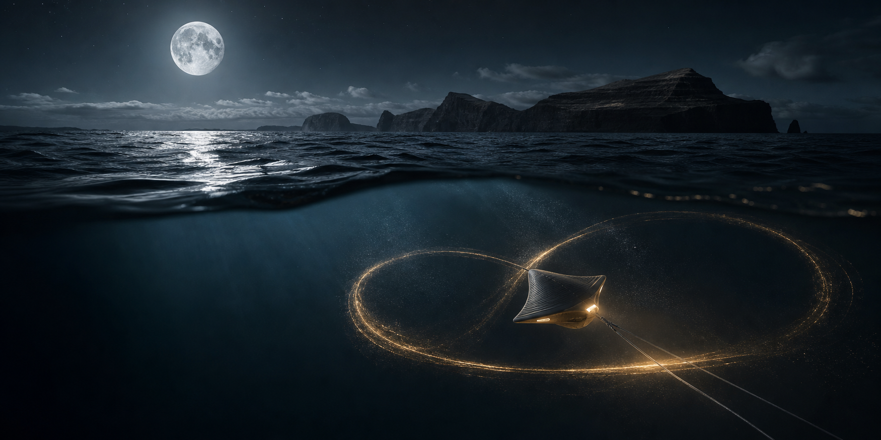 Oceano notturno sotto la Luna e dispositivo mareomotrice che disegna una traiettoria a otto sott’acqua